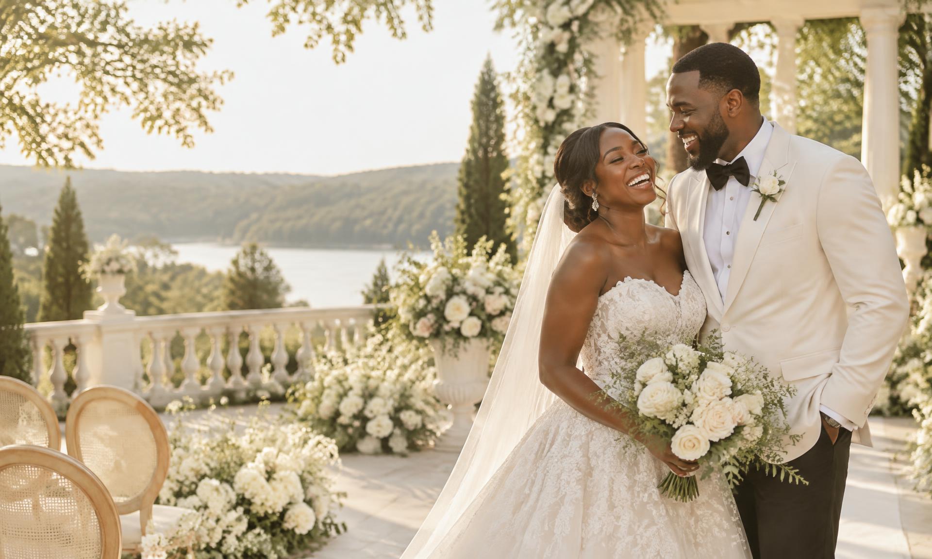 A bride and groom laughing together at their garden wedding ceremony